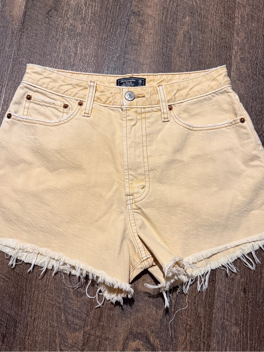 Abercrombie & Fitch Cream Yellow High-Rise Denim Shorts 2/26